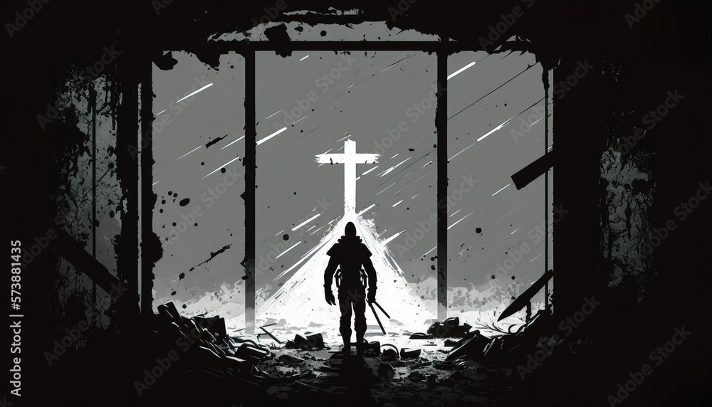 Poster a man standing in a doorway with a cross on the top of it and a cross on the bottom of the door dyst