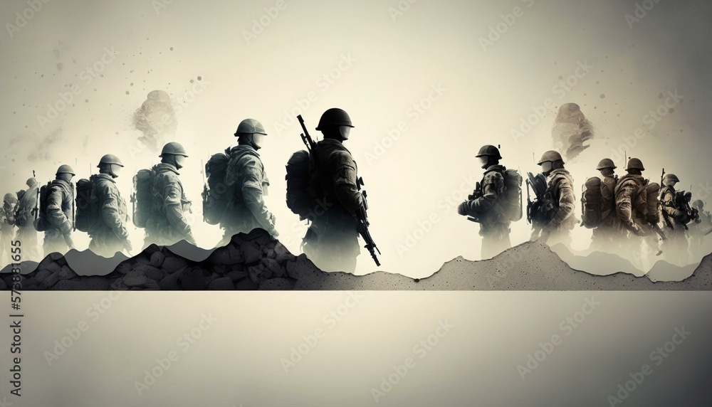 Poster a group of soldiers standing in a line with smoke coming out of their ears and behind them war compu