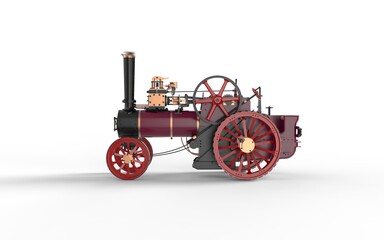Fototapeta na wymiar Museum historical style old vintage steam engine power tractor machine with cog wheels realistic look 3d rendering image right camera view