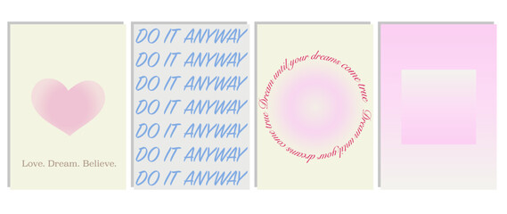 Vector flat set. Trendy posters in modern style with geometric shapes, inscriptions and gradient. Modern design of invitations, wallpapers for social networks, posters, banners, flyers.