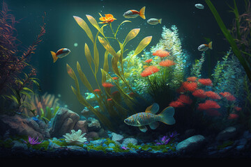 Fototapeta na wymiar plants and flowers in tank Displays fish, AI Generate