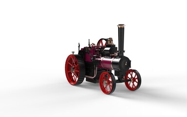 Fototapeta na wymiar Museum historical style old vintage steam engine power tractor machine with cog wheels realistic look 3d rendering image perspective left front camera view