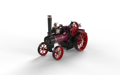 Museum historical style old vintage steam engine power tractor machine with cog wheels realistic look 3d rendering image perspective right front camera view