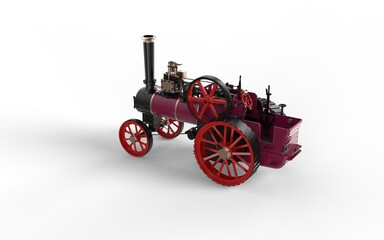 Fototapeta na wymiar Museum historical style old vintage steam engine power tractor machine with cog wheels realistic look 3d rendering image perspective right back camera view