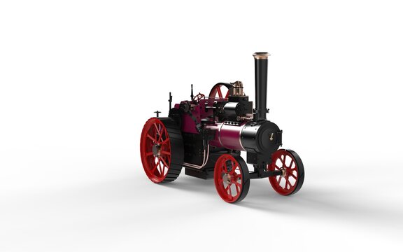 Museum historical style old vintage steam engine power tractor machine with cog wheels realistic look 3d rendering image perspective left front camera view