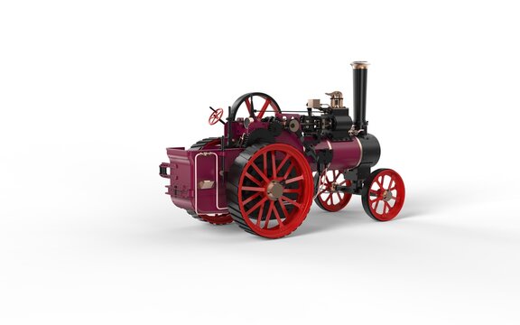 Museum historical style old vintage steam engine power tractor machine with cog wheels realistic look 3d rendering image perspective left back camera view