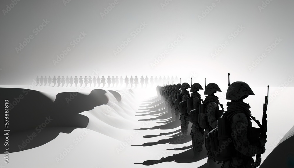 Poster a line of soldiers standing in a line in the snow with a shadow of a car ambient occlusion an ambien