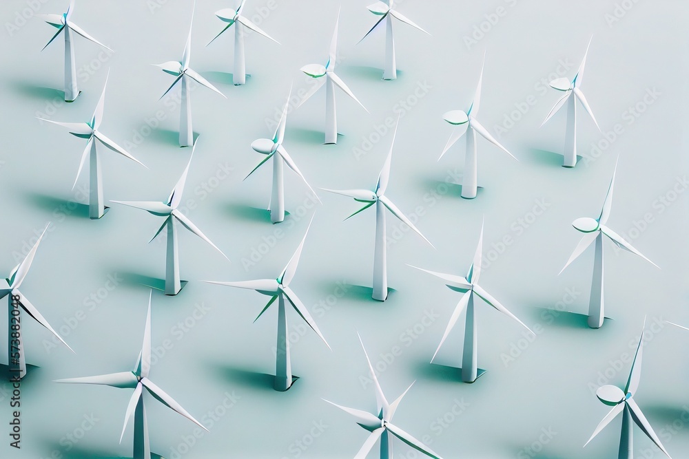 Poster a group of wind turbines on a blue surface with shadows on the ground and a few of them wind a digit