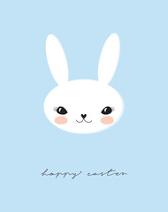 Cute White Happy Rabbit. Hand Drawn Easter Vector Illustration with Funny Bunny and Handwritten Wishes isolated on a Blue Background. Easter Holidays Print with Lovely Rabbit ideal for Card, Greeting.