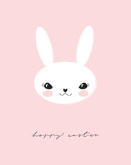 Cute White Happy Rabbit. Hand Drawn Easter Vector Illustration with Funny Bunny and Handwritten Wishes isolated on a Pink Background. Easter Holidays Print with Lovely Rabbit ideal for Card, Greeting.