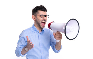 angry man announcer with megaphone in studio. shouting man announcer with megaphone