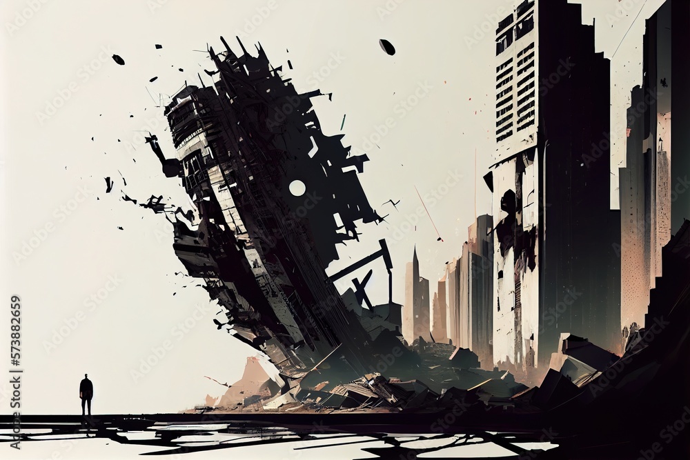 Poster a man standing in front of a giant building with a giant structure on it's roof dystopian art a matt