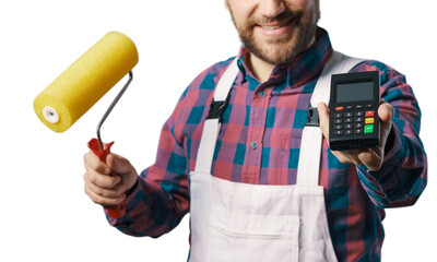 Professional painter holding a POS terminal © StockPhotoPro
