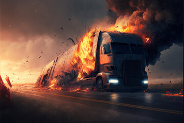 Fototapeta na wymiar a truck that is on fire on the side of the road. generative ai.
