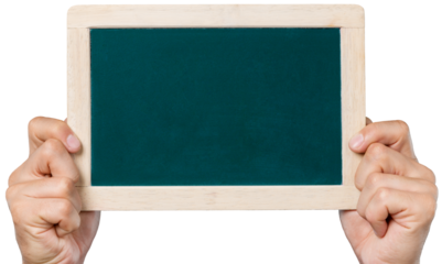 Human hands hold a blank blackboard