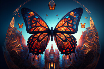 Fototapeta na wymiar a picture of a butterfly with a castle in the background. generative ai.