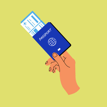 Vector Illustration Human Hand Holding Passport With Tickets Isolated On A White Background. Concept Of Travel And Tourism