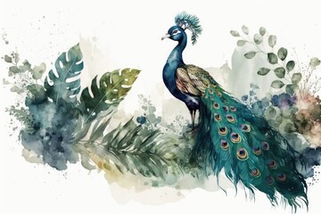 3d wallpaper, watercolor abstract background with peacock decoration, wall art, ai generated