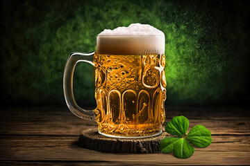 A mug of beer in glass with a four-leaf clover as a symbol of good luck in Ireland on a wooden table in a bar, St. Patrick's Day holiday. Generative AI
