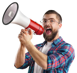 Young happy handsome man with a megaphone.