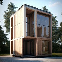 ecologic wooden house  with large windows embedded in nature,  ai generated illustration