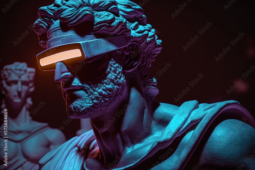 Poster a statue of a man with a glowing light on his face and a statue of a man with a beard cyberpunk 2077