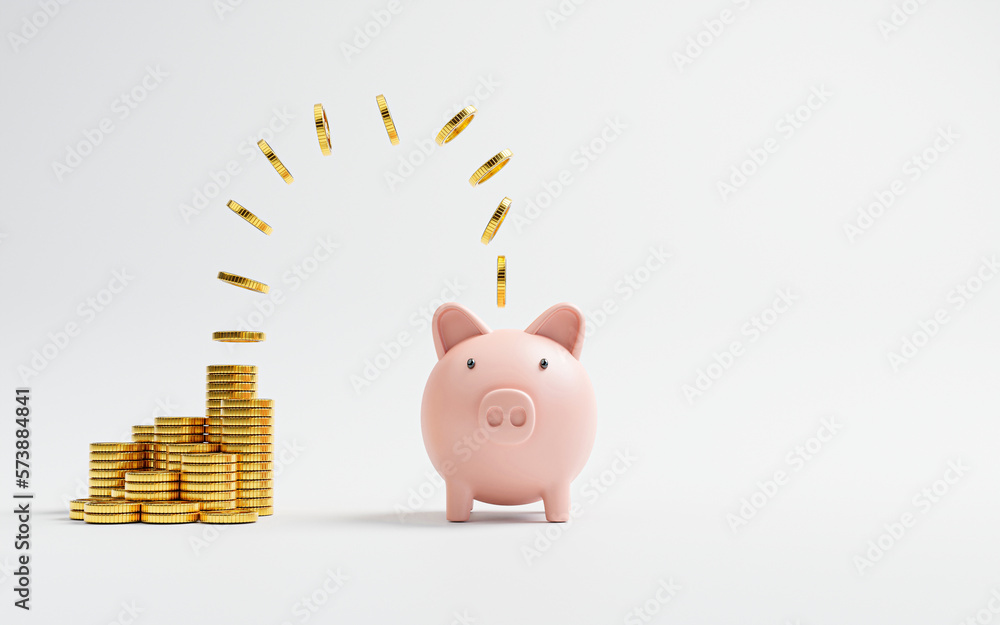 Poster golden coin flowing and dropping from heap to pink piggy bank for money saving and deposit investmen