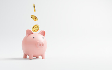 Golden coin dropping  to pink piggy bank for Money saving and deposit investment to get profit and dividend concept by 3d rendering. - obrazy, fototapety, plakaty