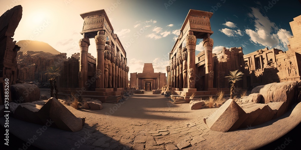 Aufkleber a panorama of a desert with ancient buildings and palm trees in the background and a man standing on