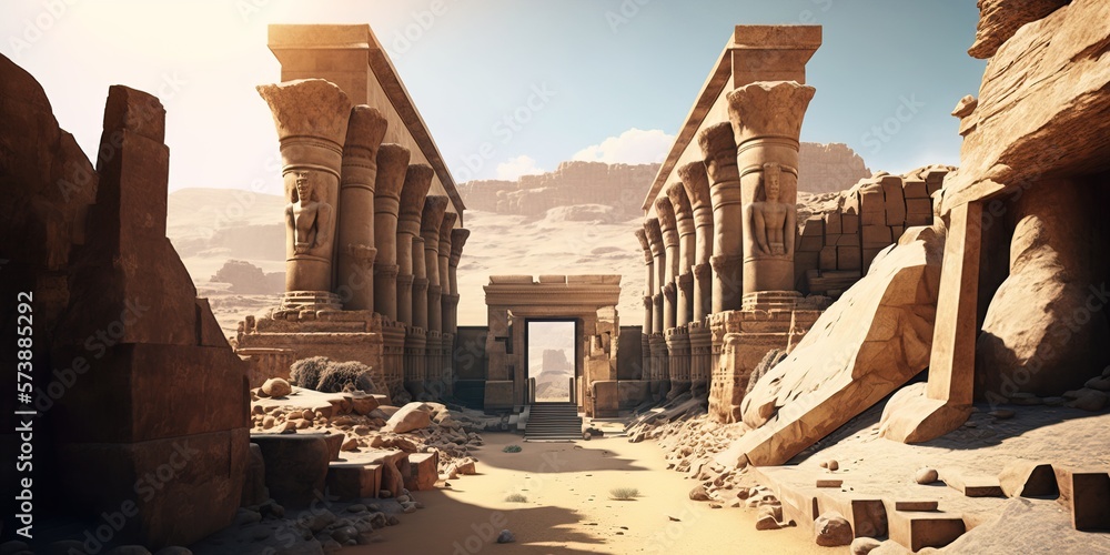 Poster a desert scene with a stone archway and stone buildings in the background and a mountain in the dist