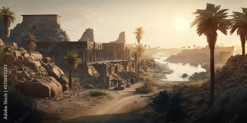 Poster a desert scene with palm trees and a river in the distance with a castle in the background cryengine