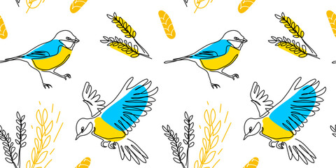 Great tit bird seamless vector pattern in blue and yellow colors with grain, wheatear. Graine from Ukraine concept. One continuous line art drawing of great tit pattern