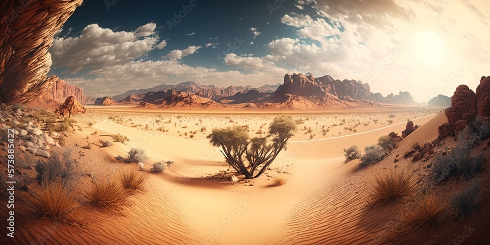 Poster a desert scene with a tree and mountains in the background and a sky with clouds cinematic matte pai