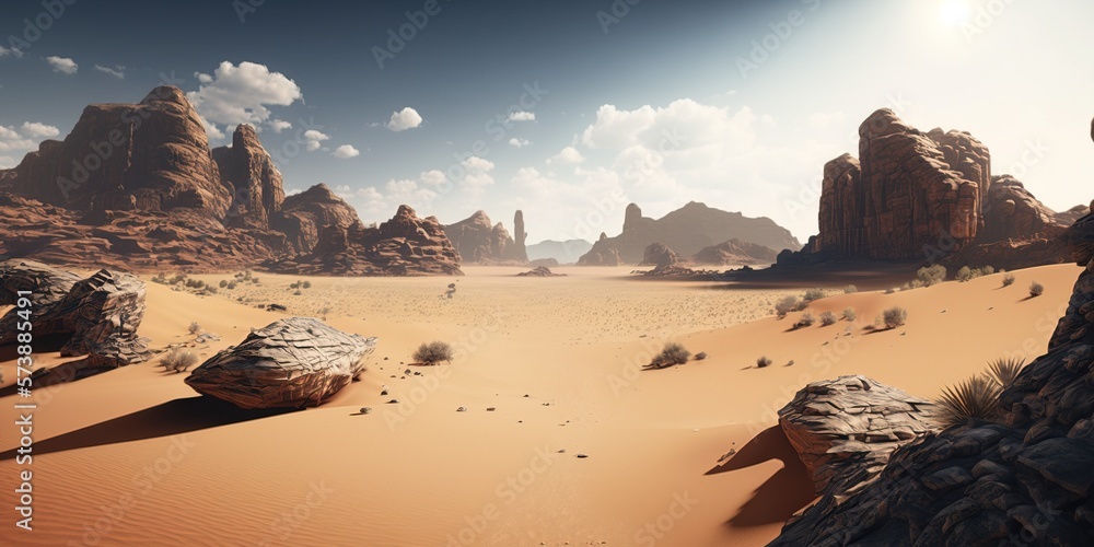 Aufkleber a desert scene with rocks and sand and a sky background with clouds and sun beams unreal 5 a matte p