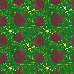 Seamless pattern with Fig fruit and leaves. Tropical fruit Fig on leaves background. whole fruits vector illustration