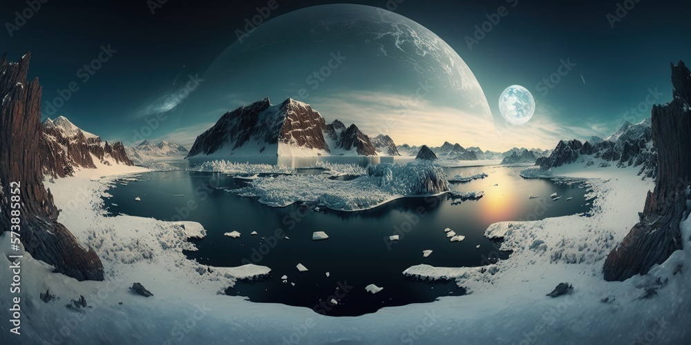 Poster a computer generated image of a landscape with a lake and mountains in the background and a moon in 