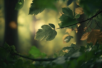 Background. Green leaves in the forest. AI generative.