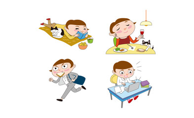 かわいい働く女性の猫とのんびり休日のイラスト01