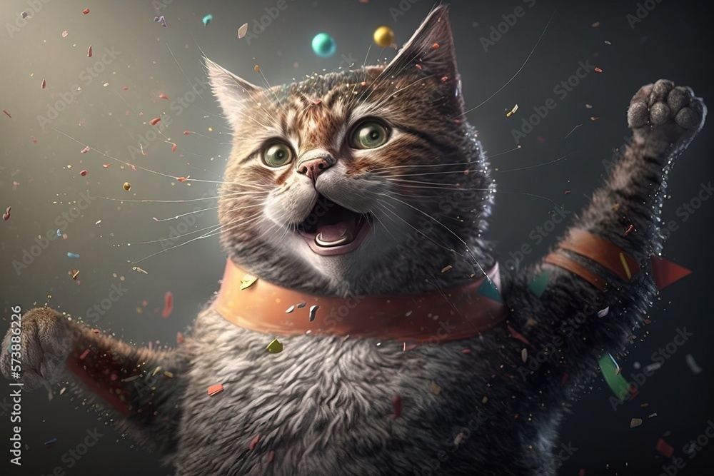 Poster A cat is standing in the air with its paws up and it's mouth wide open unreal highly rendered computer graphics furry art