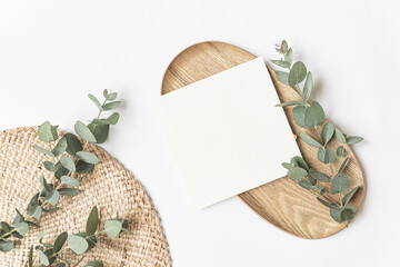 Styled summer wedding desktop stationery mockup. Blank greeting and invitation card. Green tropical leaves with empty space.