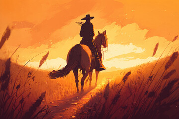 Fototapeta na wymiar A person riding a horse through a golden field at sunset, with a warm glow illuminating the scene, illustration - Generative AI