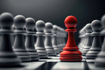 Leadership. Red pawn leading on a chess board with white pawns in a row. Dark background. Generative AI - obrazy, fototapety, plakaty