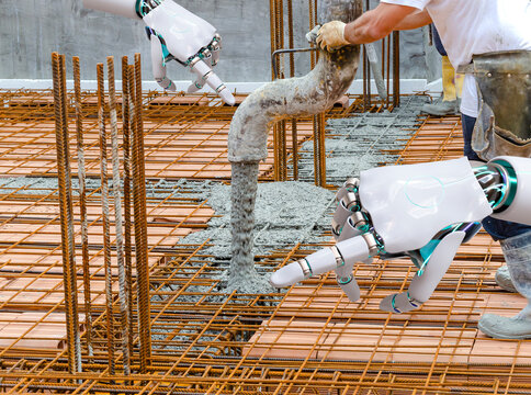 Construction worker pouring concrete into steel rebar frame