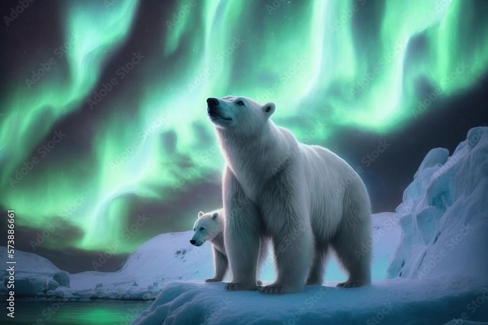 Aufkleber two polar bears standing on a snowy surface with the aurora lights in the background and the moon in
