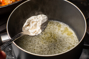 cooking sauce from butter and flour. Add flour to melted butter. Breading.