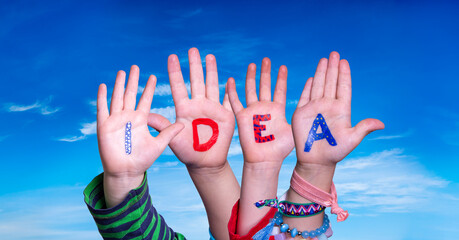 Children Hands Building Word Idea, Blue Sky