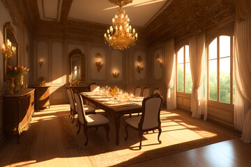 Fototapeta na wymiar Grand classic European style dining hall interior, AI generated