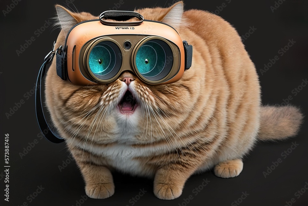 Poster a cat wearing a pair of virtual glasses on its head and looking surprised at the camera 8k resolutio