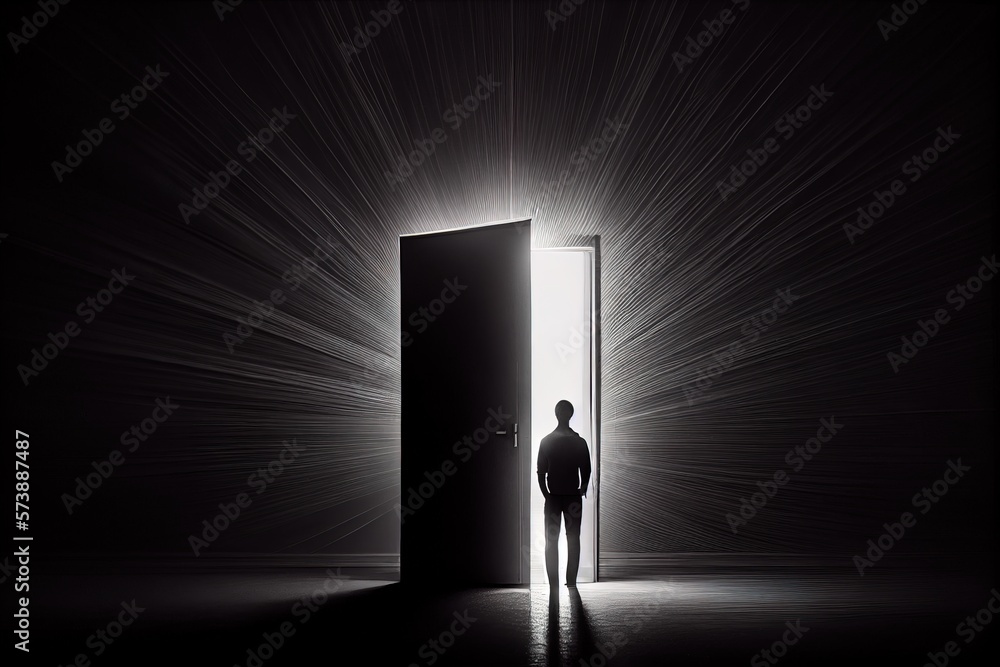 Poster a man standing in front of a doorway with light streaming through it and a doorway with a man standi
