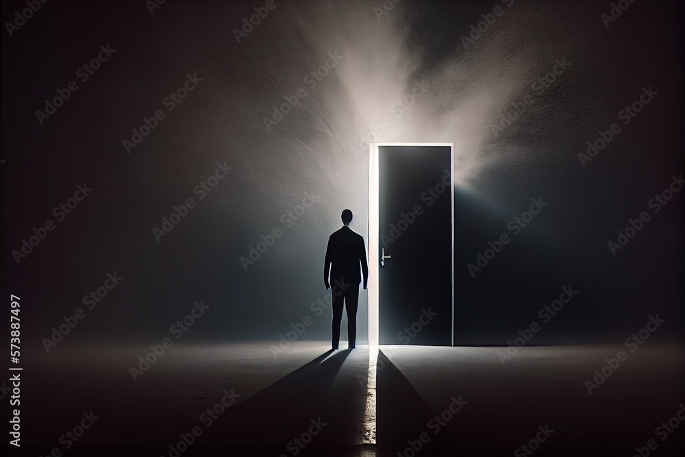 Poster a man standing in front of a doorway in the dark with light coming through it liminal space a raytra